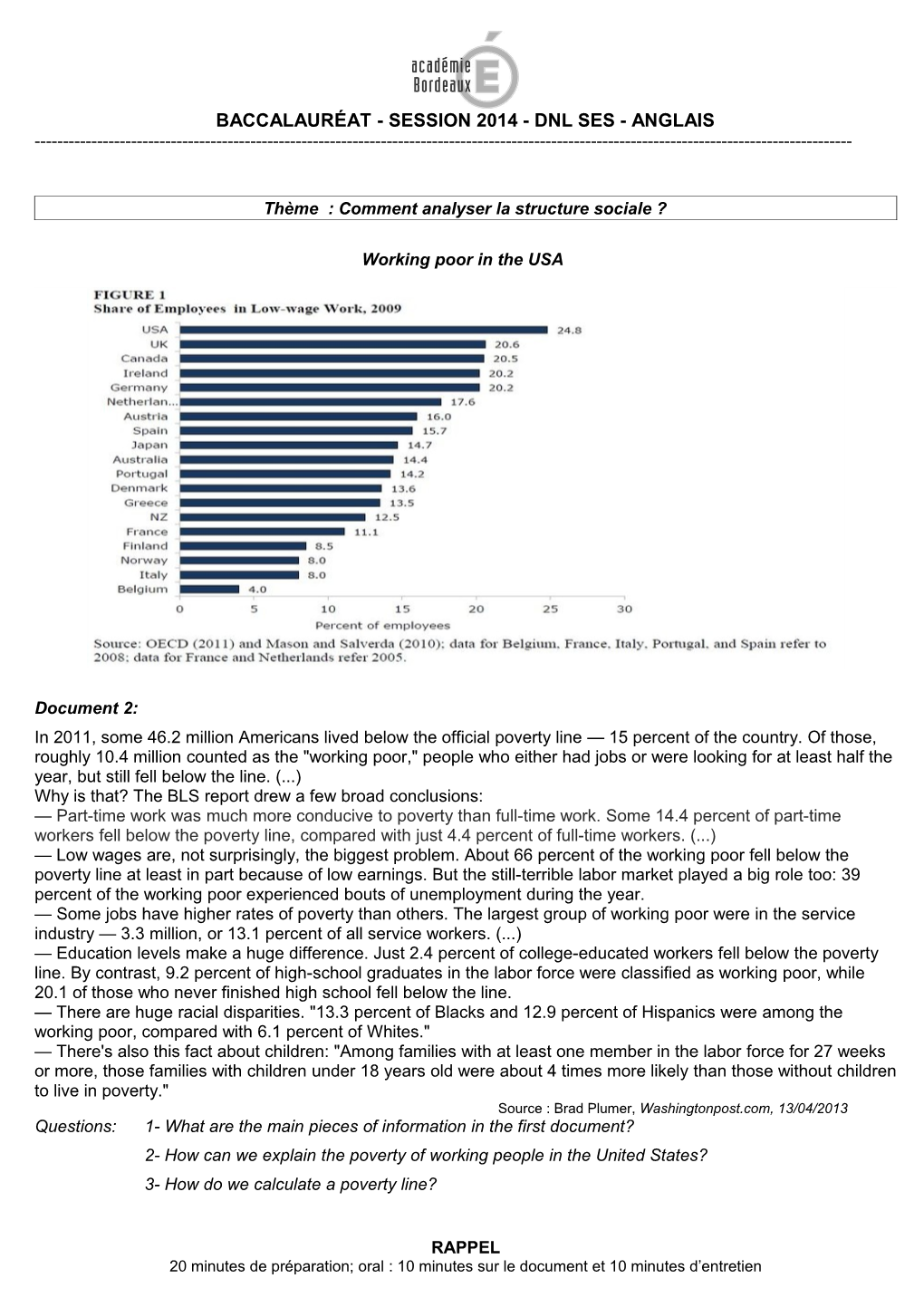 Baccalauréat - Session 2014 - Dnl Ses - Anglais