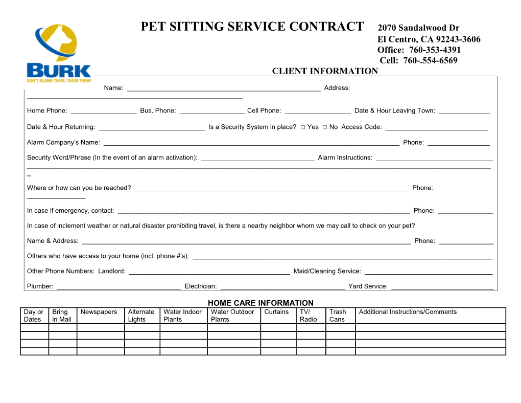 PET SITTING SERVICE CONTRACT 2070 Sandalwood Dr