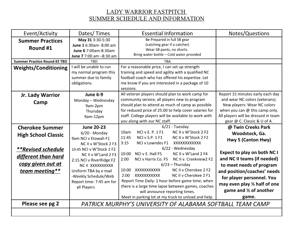 Summer Schedule and Information