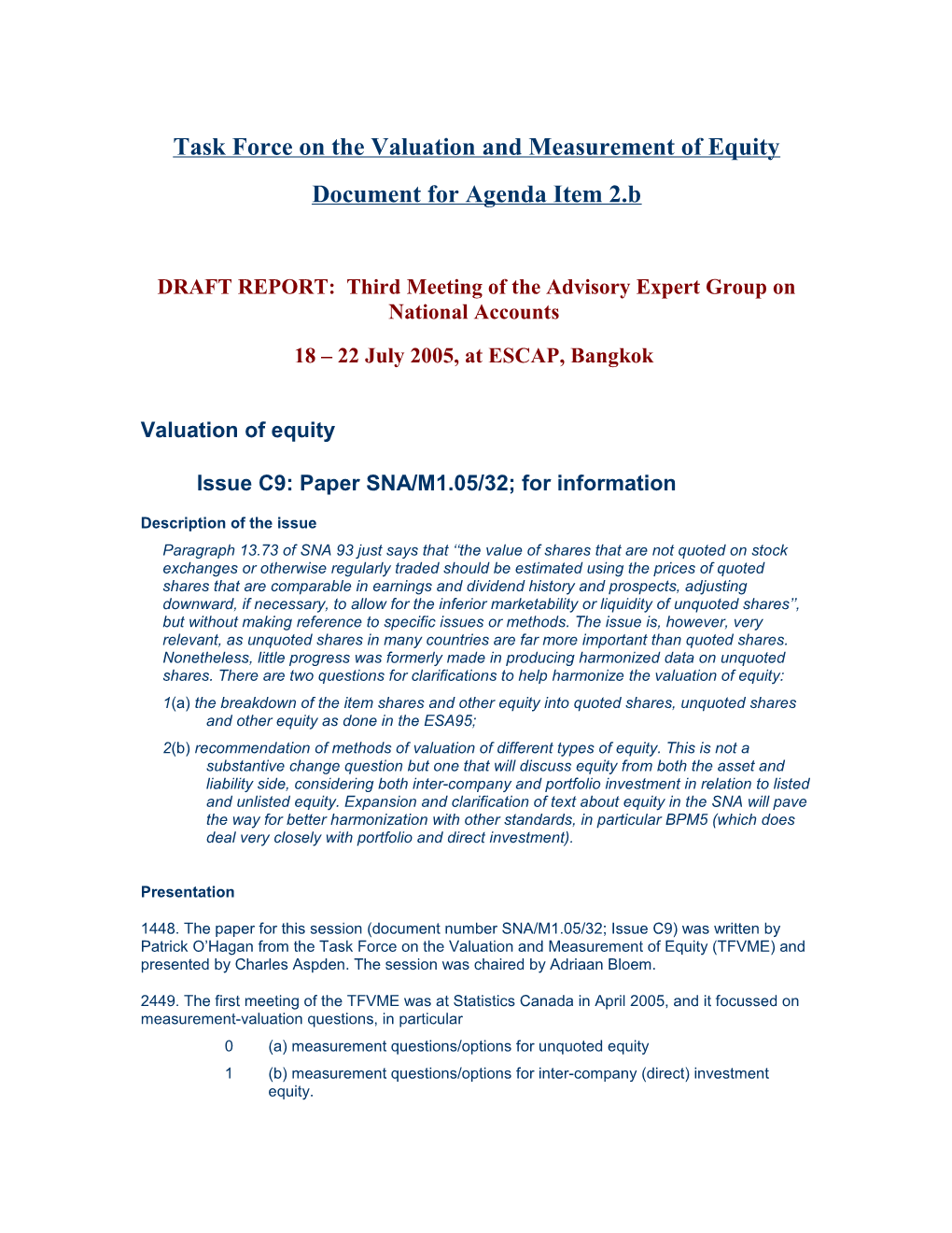 Task Force on the Valuation and Measurement of Equity