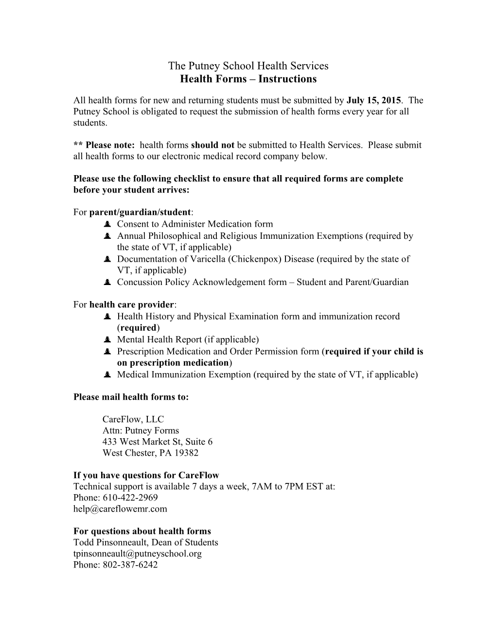 2013-14 Putney School Health Center Permission to Treat Form