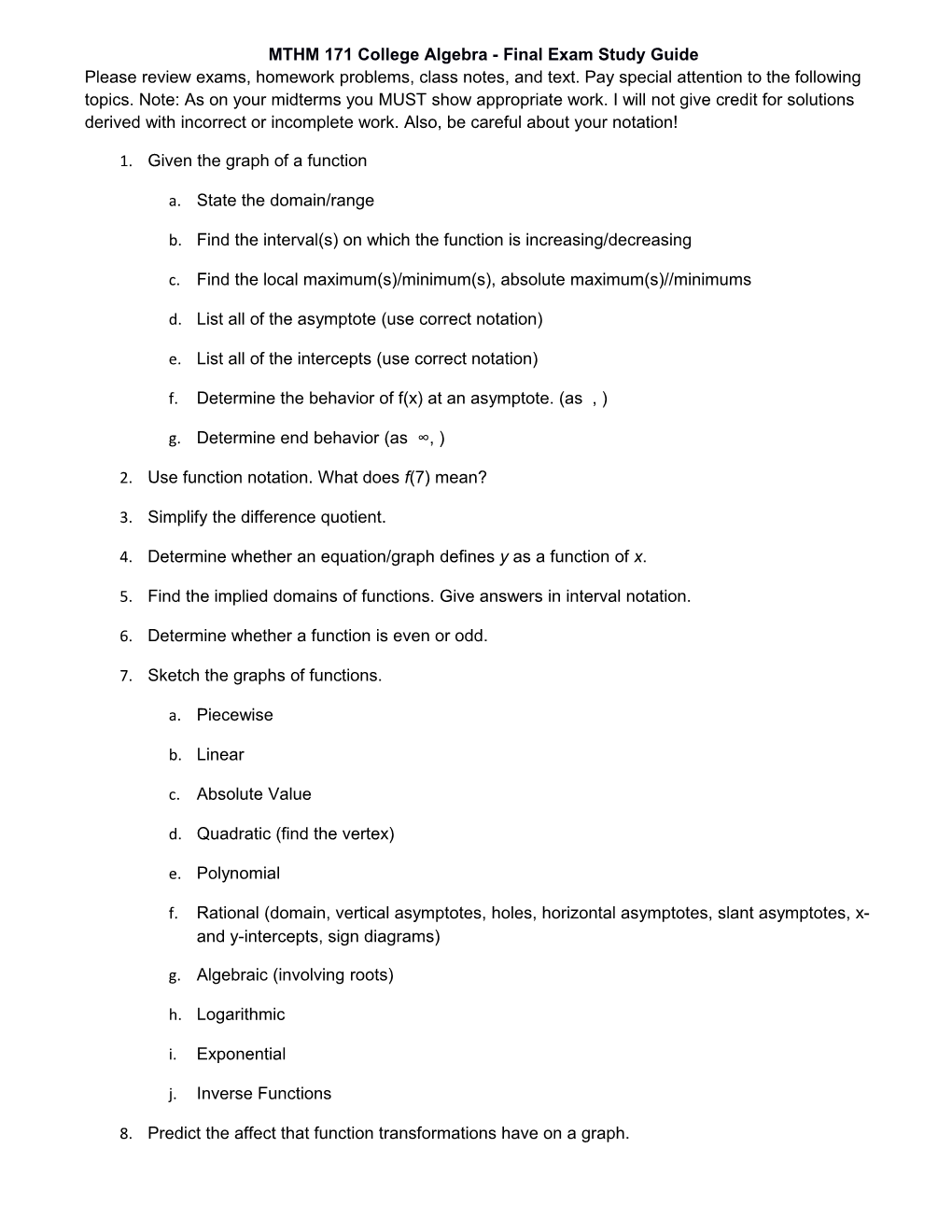 MTHM 171 College Algebra - Final Exam Study Guide