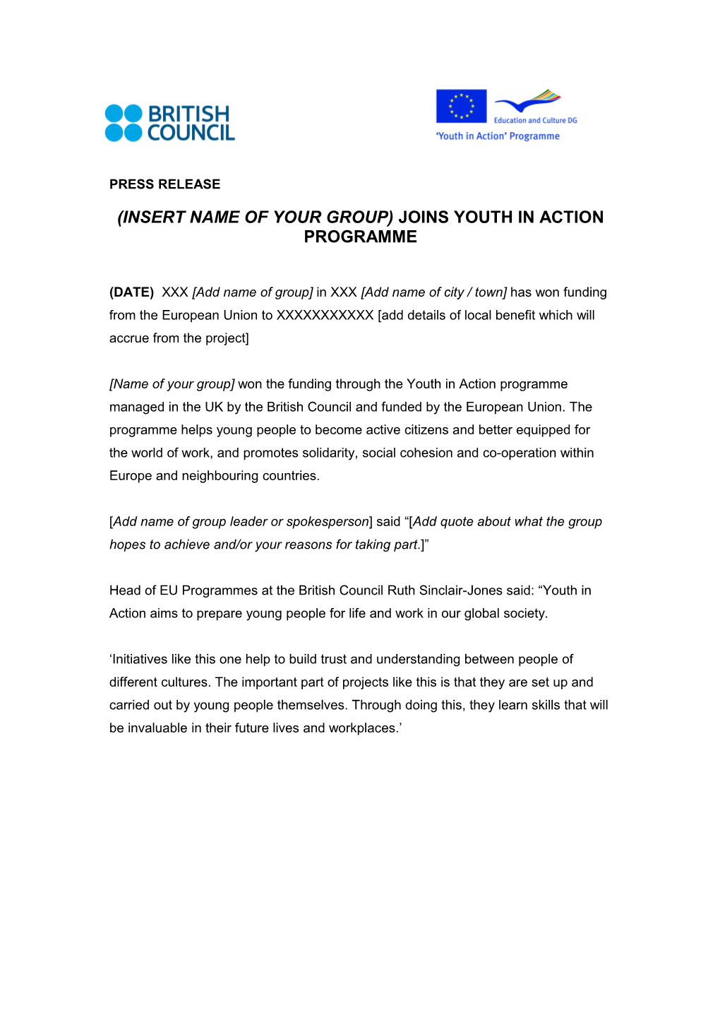 (Insert Name of Your Group) Joinsyouth in Action Programme