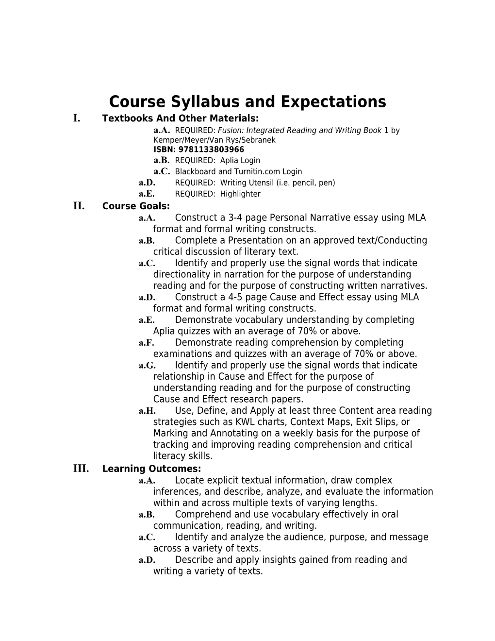 Course Syllabus and Expectations
