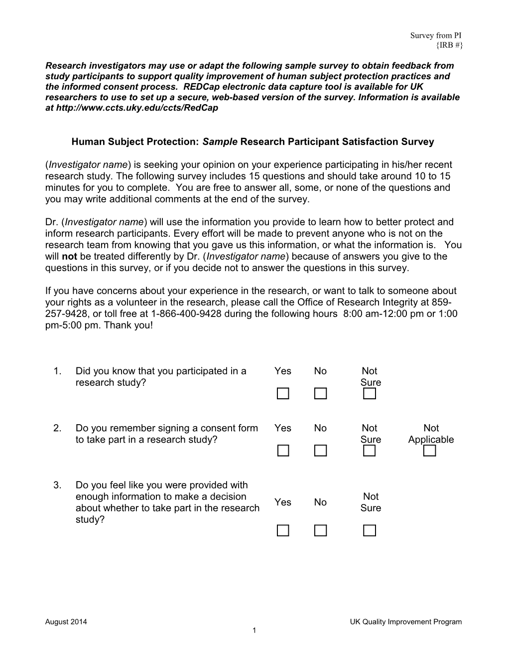 Survey Questions Given to Subjects