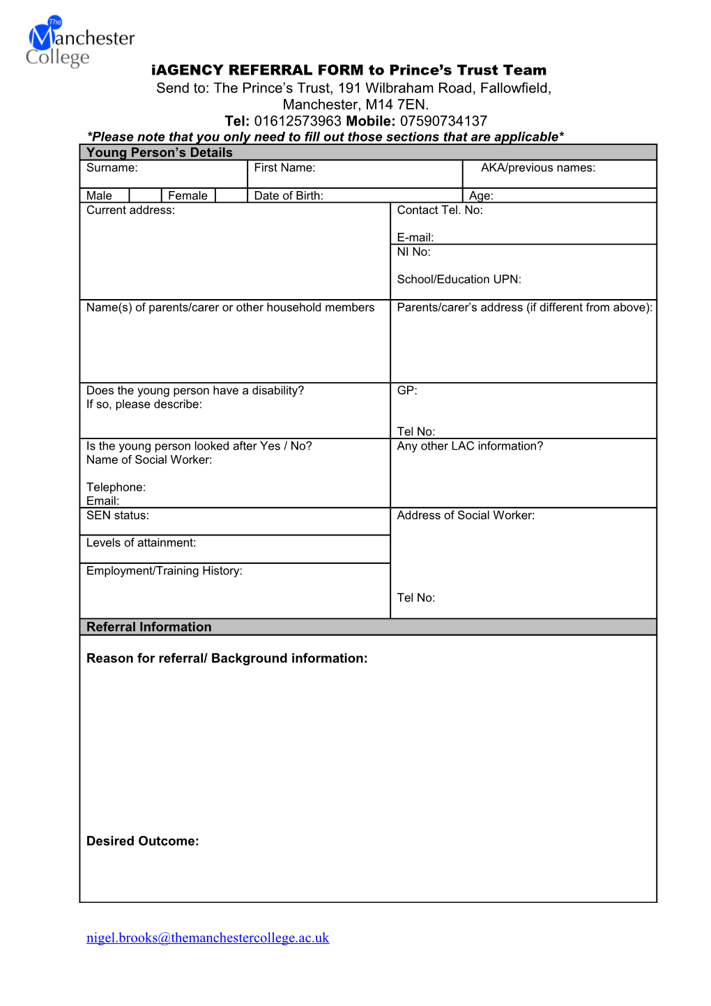 AGENCY REFERRAL FORM to New Roundhouse