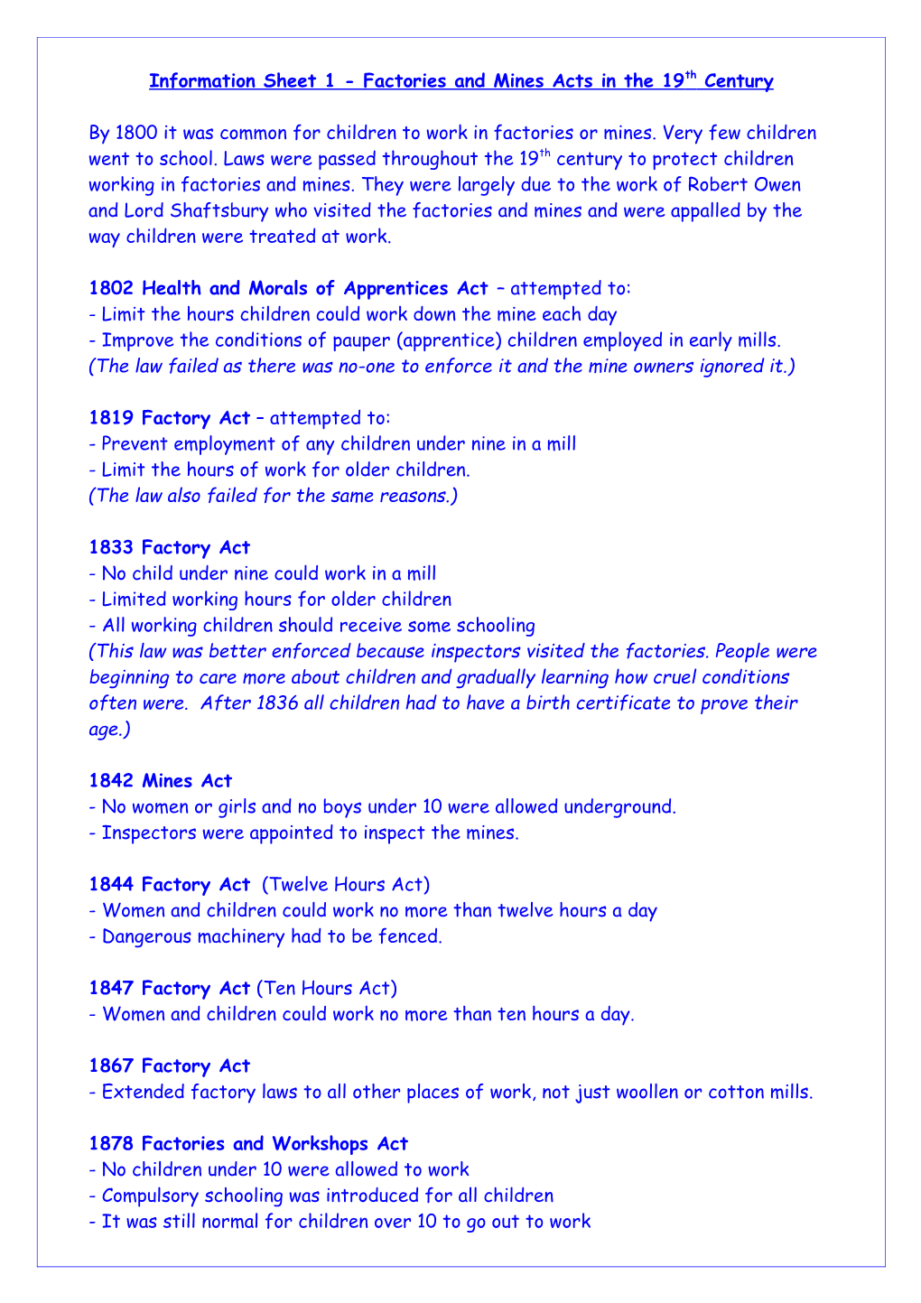 Information Sheet 1 - Factories and Mines Acts in the 19Th Century