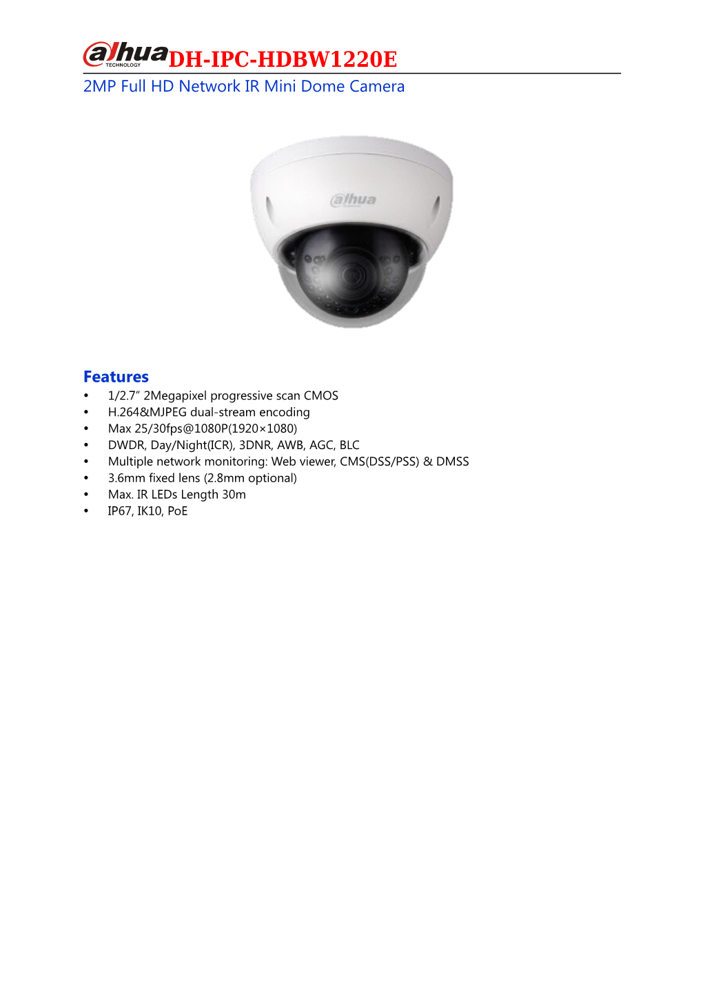 2MP Full HD Network IR Mini Dome Camera