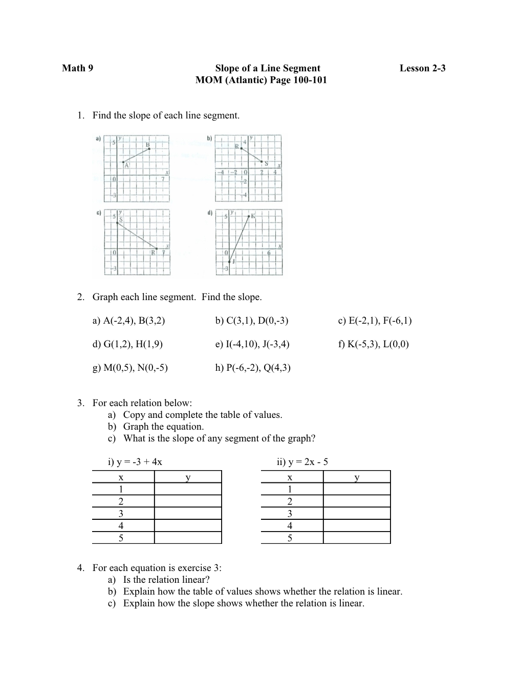 Math 9 Slope of a Line Segment Lesson 2-3