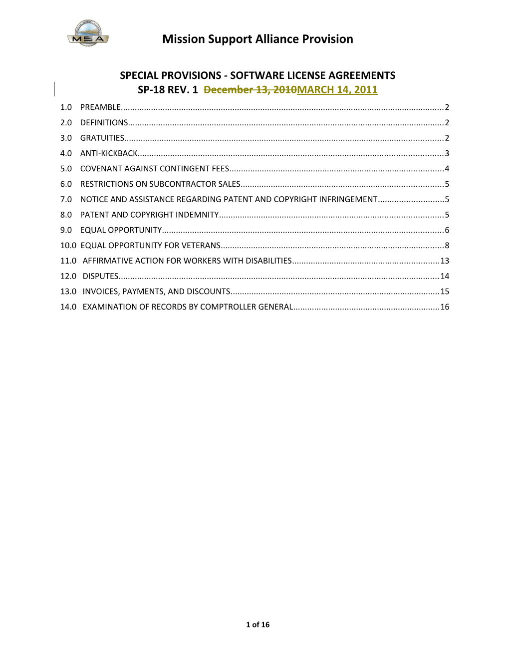 Mission Support Alliance Provision