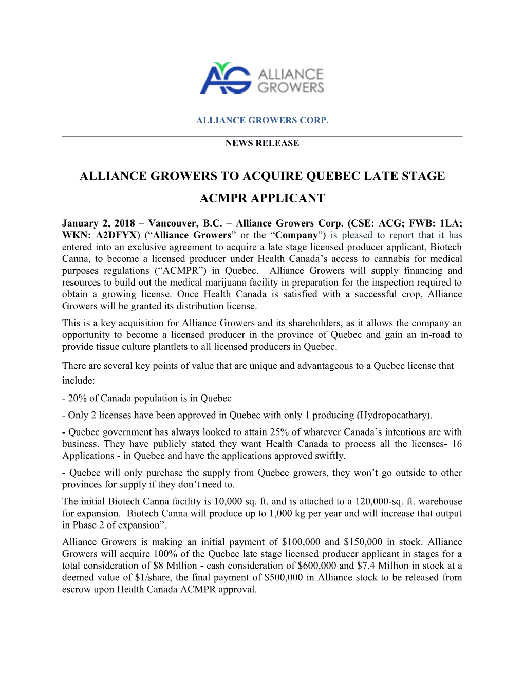 Alliance Growers to Acquire Quebec Late Stage Acmpr Applicant