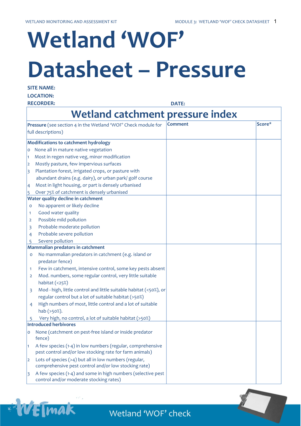 Wetland Monitoring and Assessment Kit Module 3: Wetland Wof Check Datasheet 1