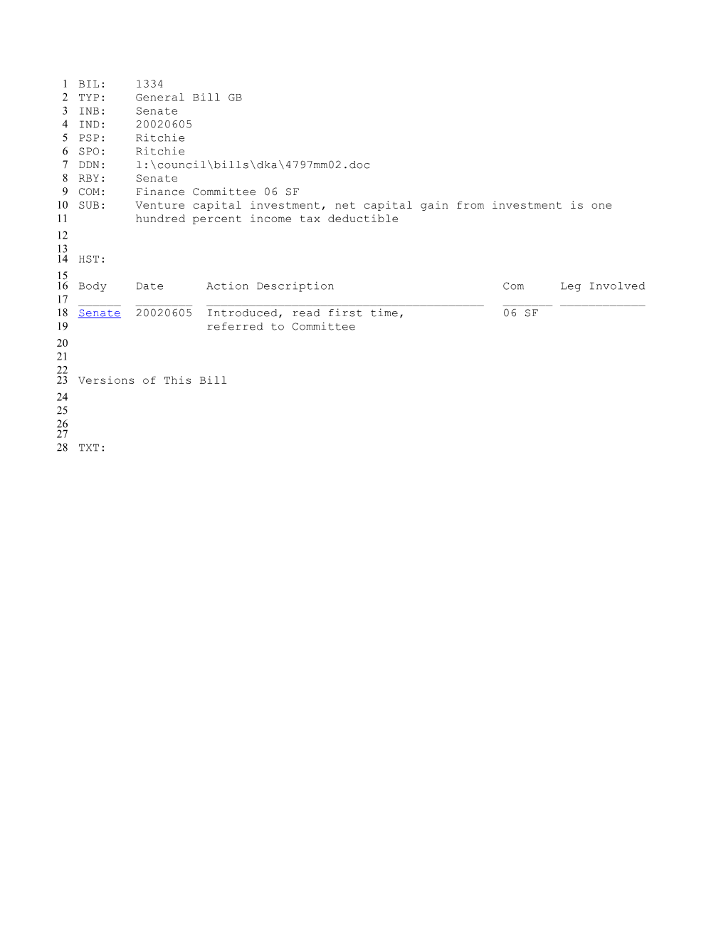 2001-2002 Bill 1334: Venture Capital Investment, Net Capital Gain from Investment Is One