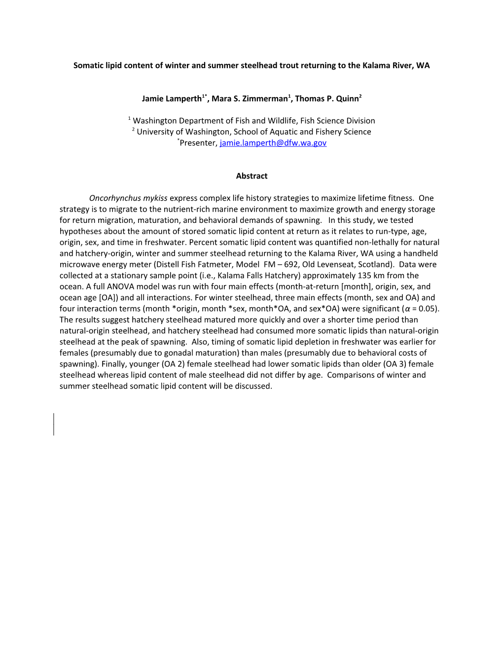 Somatic Lipid Content of Winter and Summer Steelhead Trout Returning to the Kalama River, WA