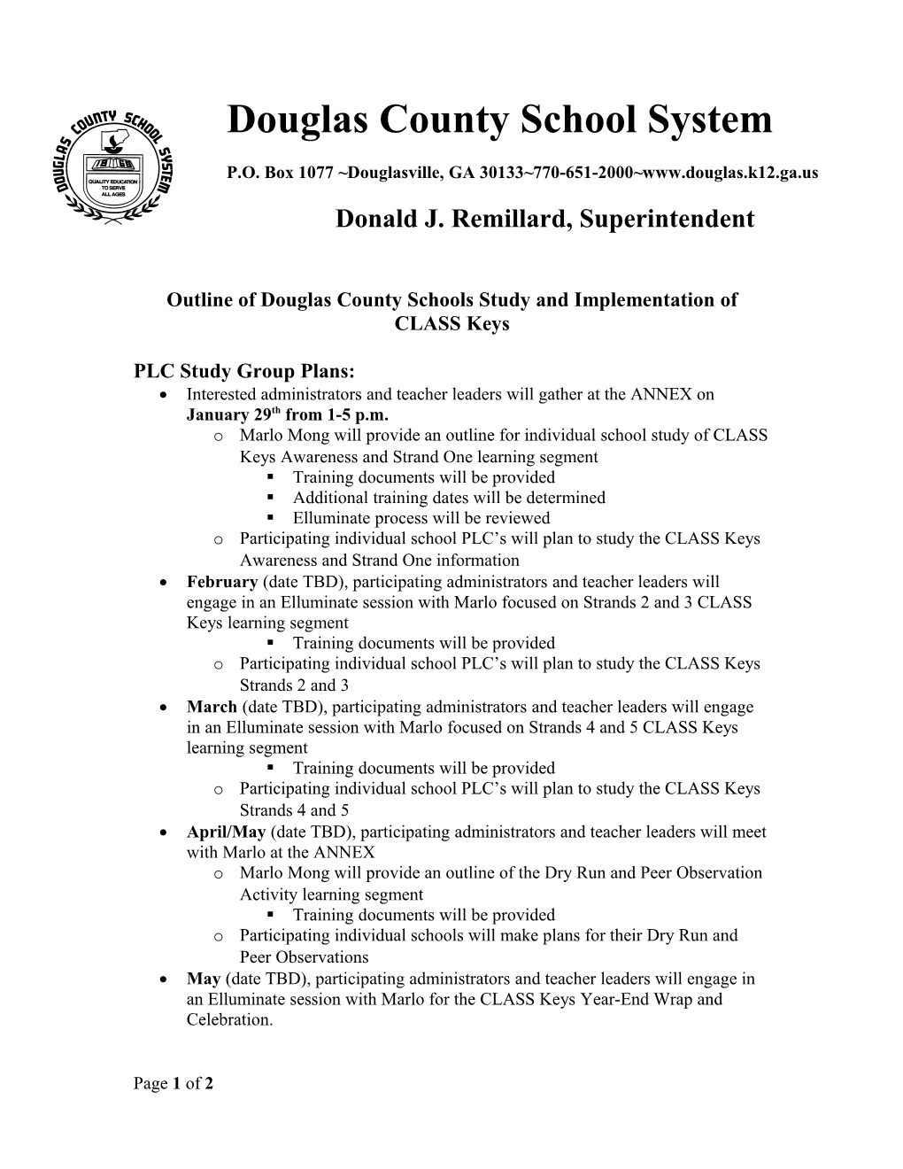 Outline of Douglas County Schools Study and Implementation of CLASS Keys