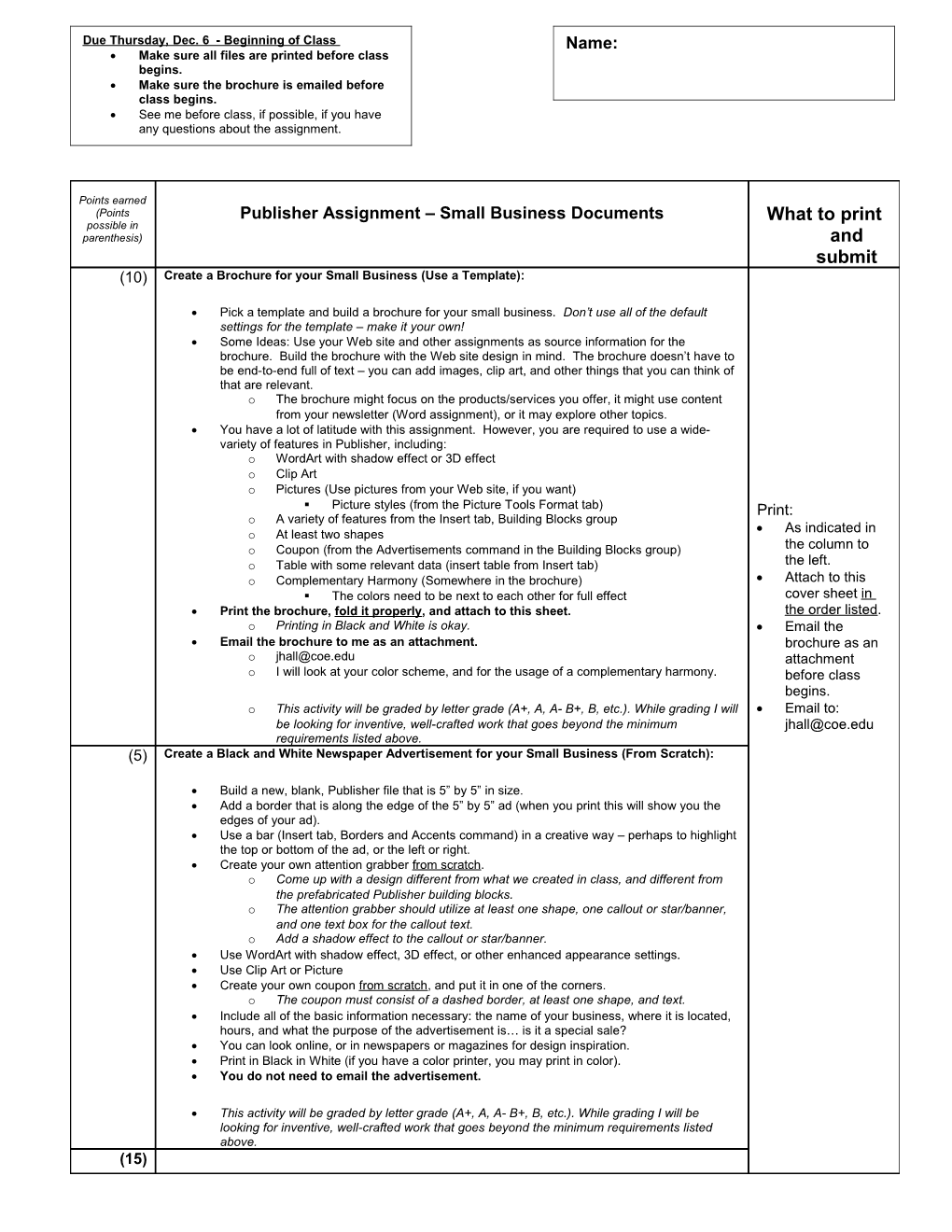 Publisher Assignment Small Business Documents