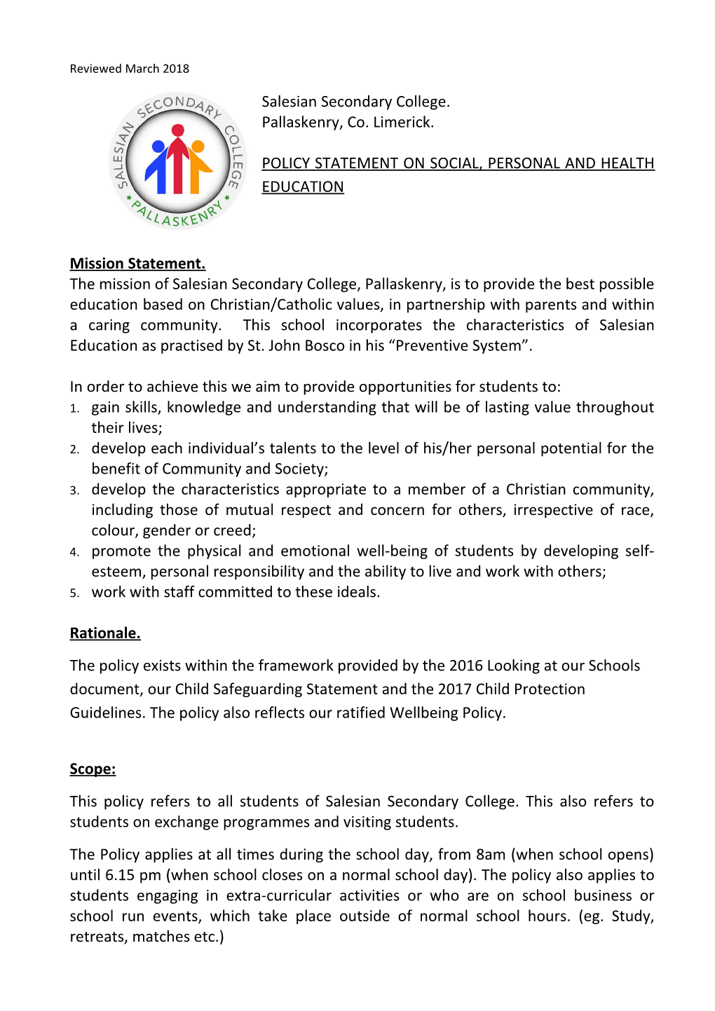 Policy Statement on Social, Personal and Health Education