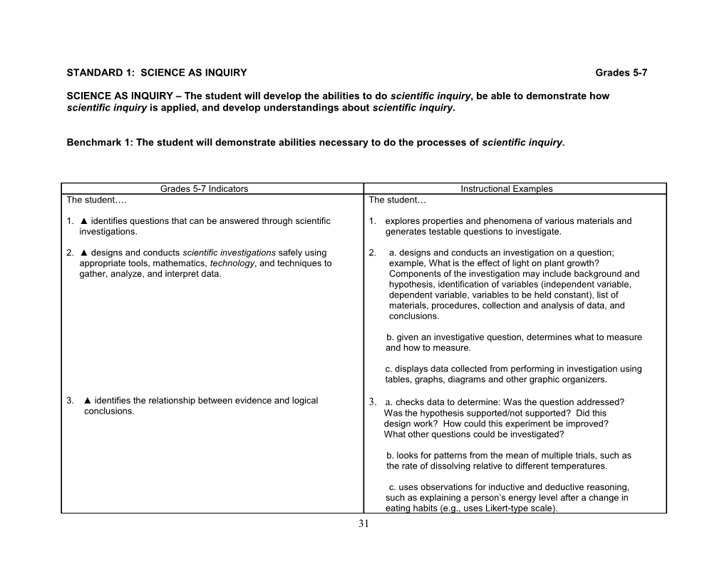 STANDARD 1: SCIENCE AS Inquirygrades 5-7