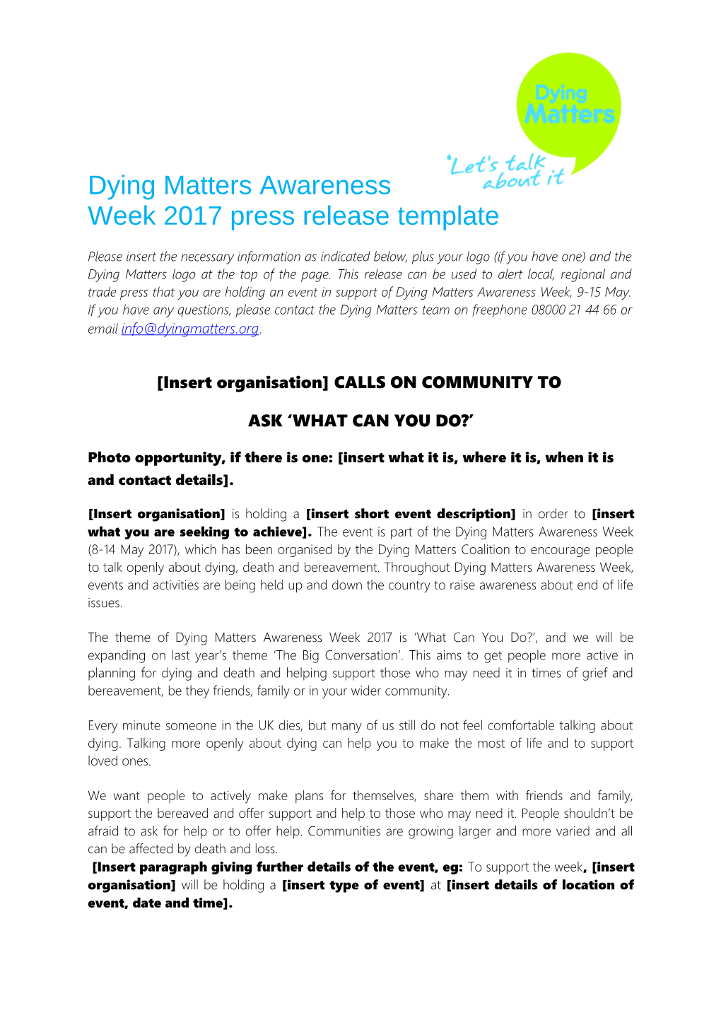 Dying Matters Awareness Week 2017 Press Release Template