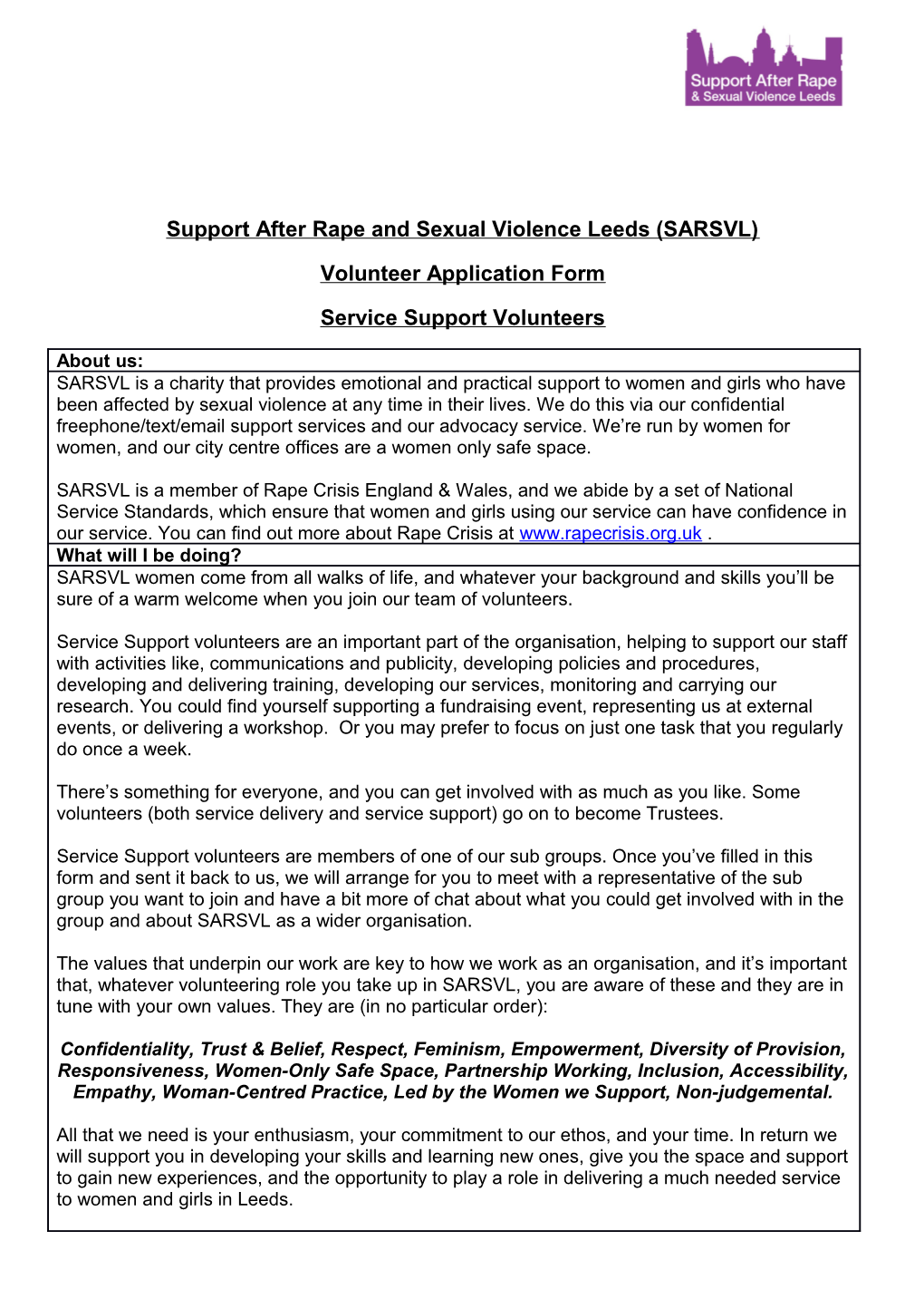 Support After Rape and Sexual Violence Leeds (SARSVL)