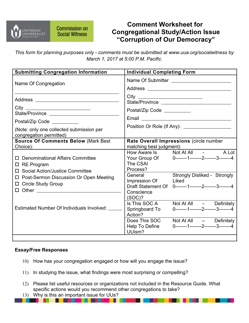 Comment Form on Congregational Study/Action Issue for 2008-2012