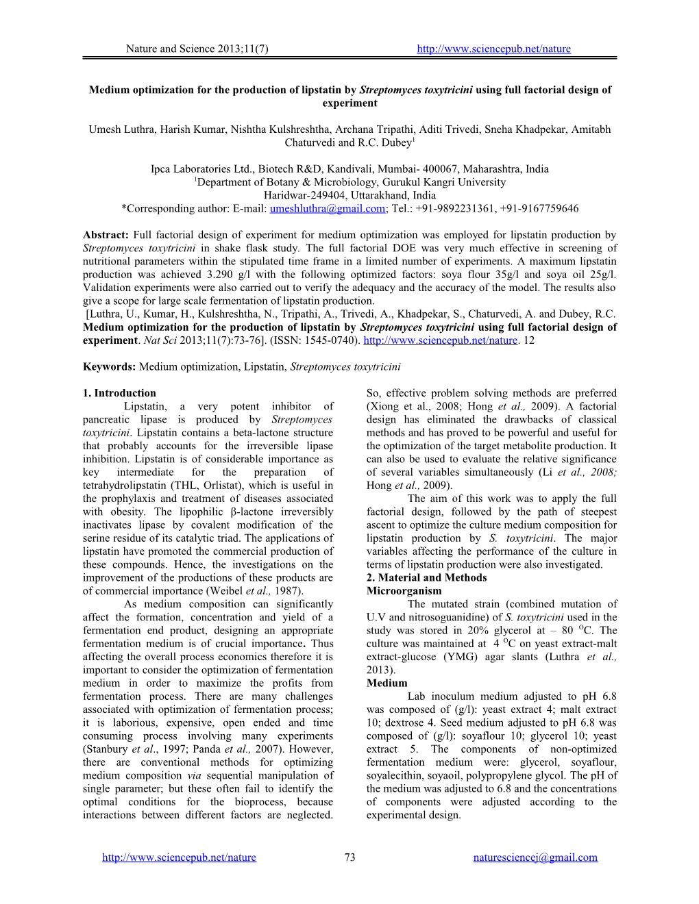 Medium Optimization for the Production of Lipstatin by Streptomyces Toxytricini Using