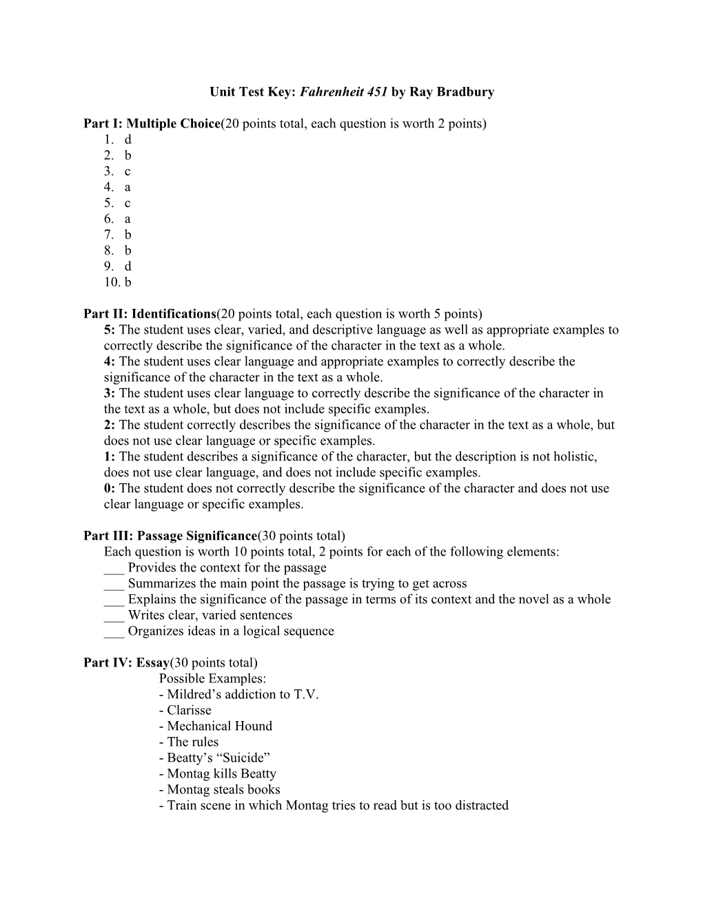 Unit Test Key: Fahrenheit 451 by Ray Bradbury