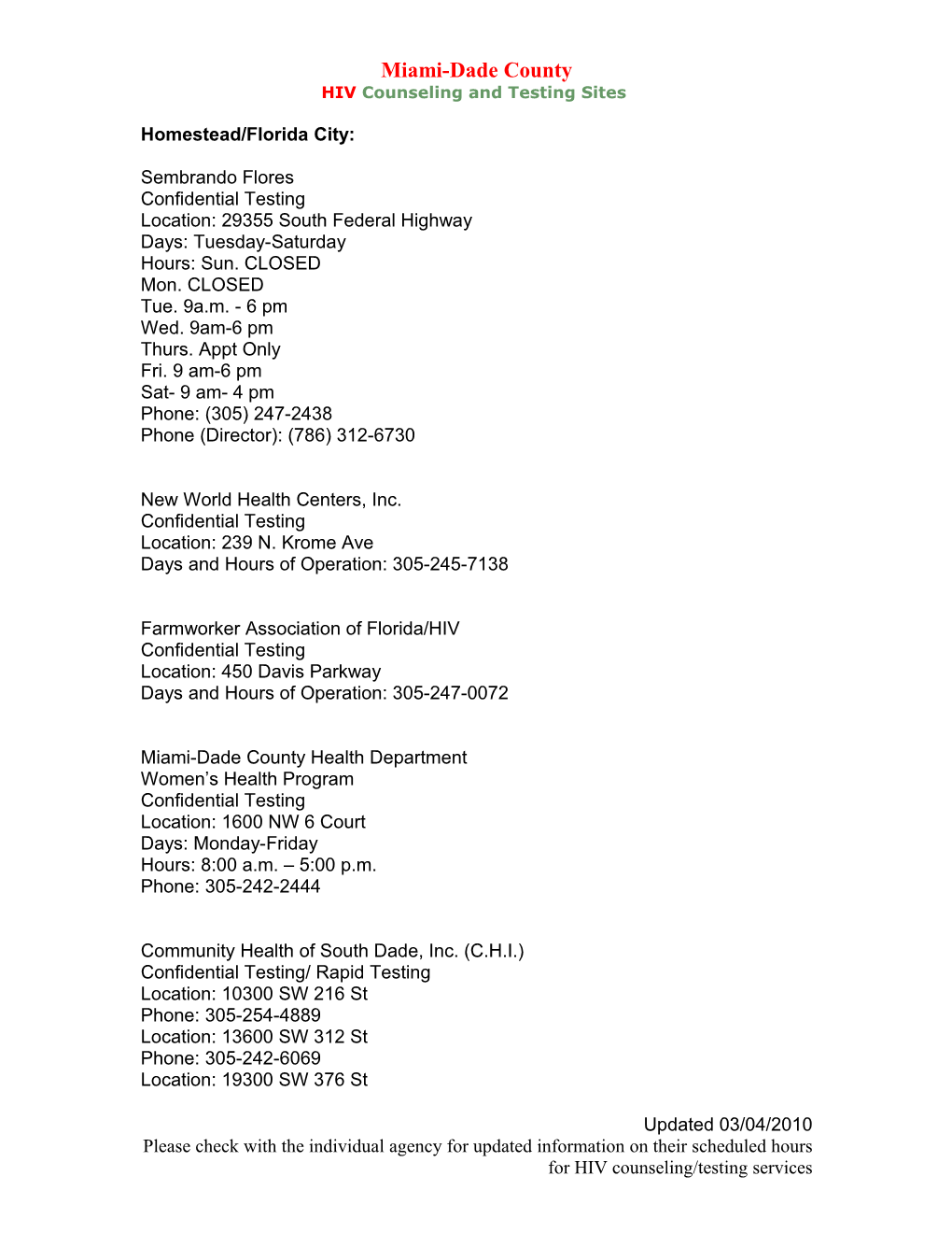 HIV Counseling and Testing Sites