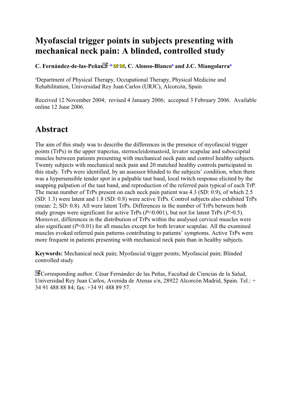 Myofascial Trigger Points in Subjects Presenting with Mechanical Neck Pain: a Blinded