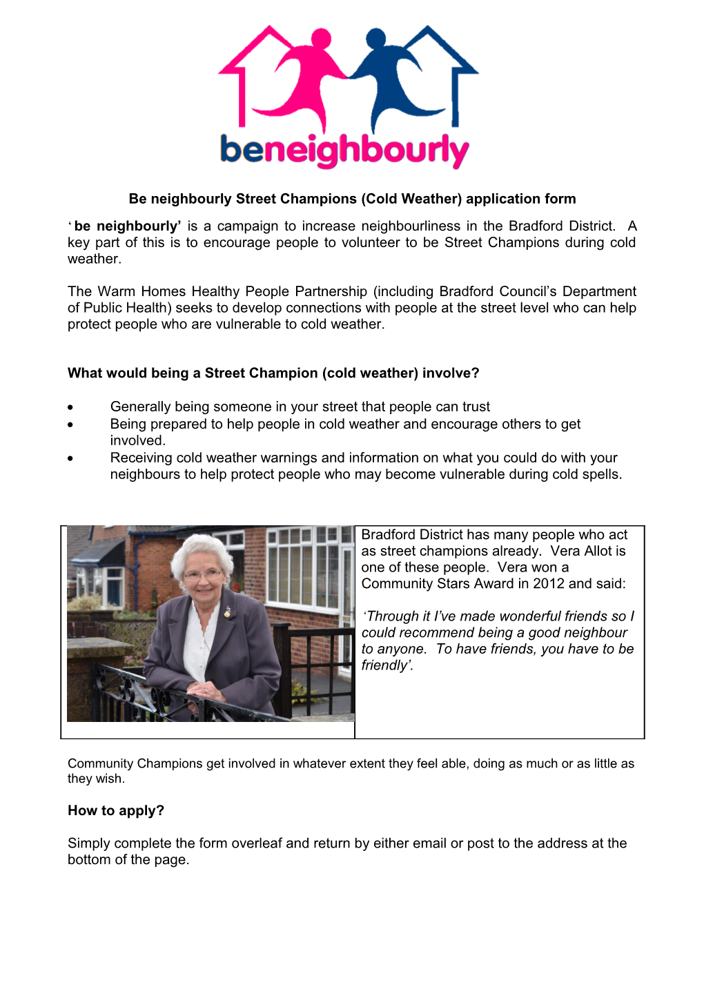 Be Neighbourly Street Champions (Cold Weather) Application Form