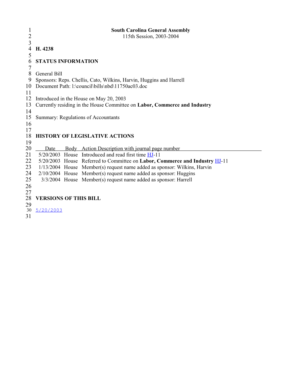 2003-2004 Bill 4238: Regulations of Accountants - South Carolina Legislature Online