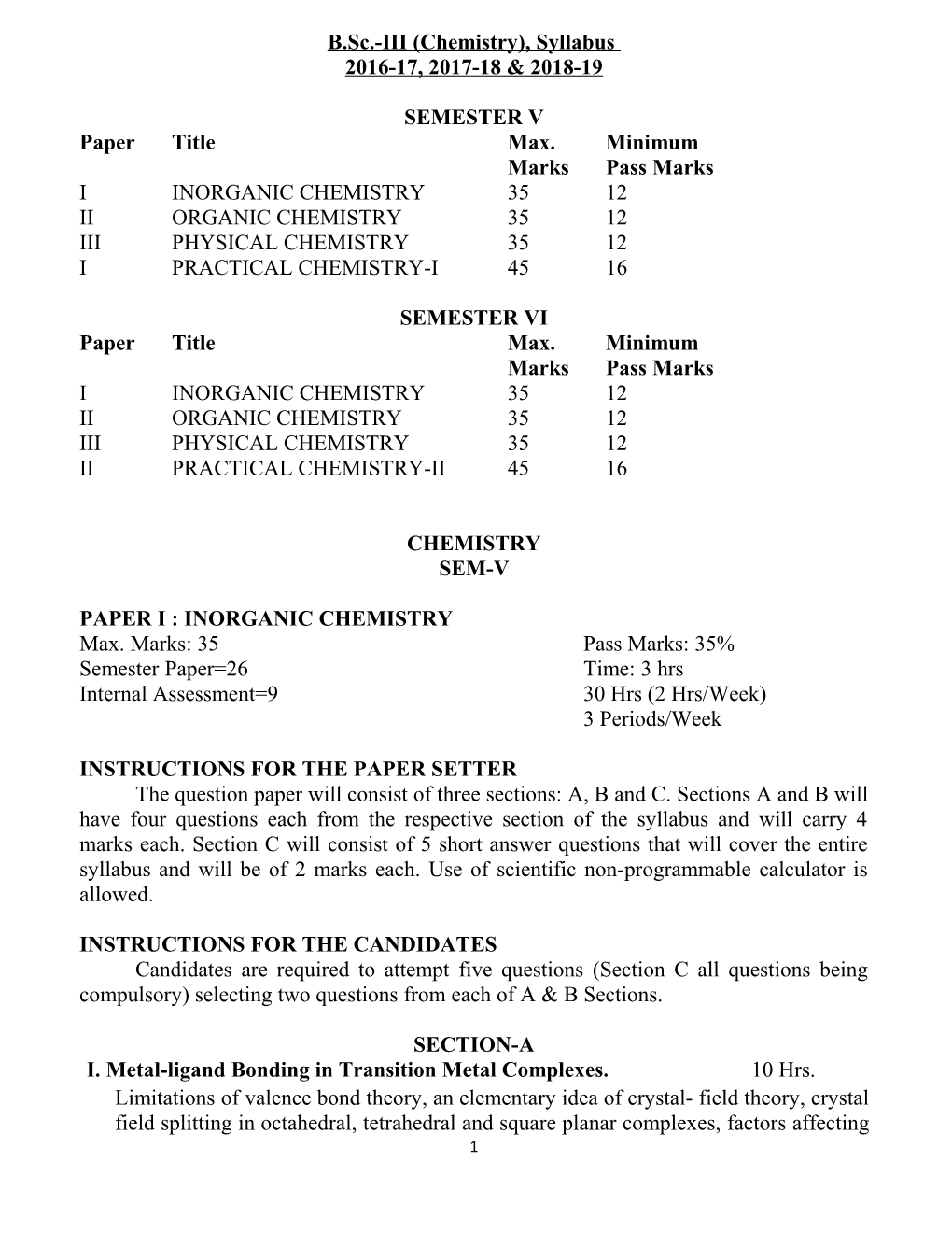 B.Sc.-III (Chemistry), Syllabus