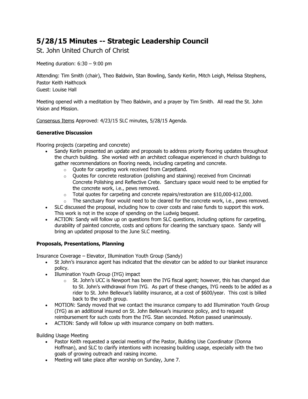 5/28/15 Minutes Strategic Leadership Council St. John United Church of Christ