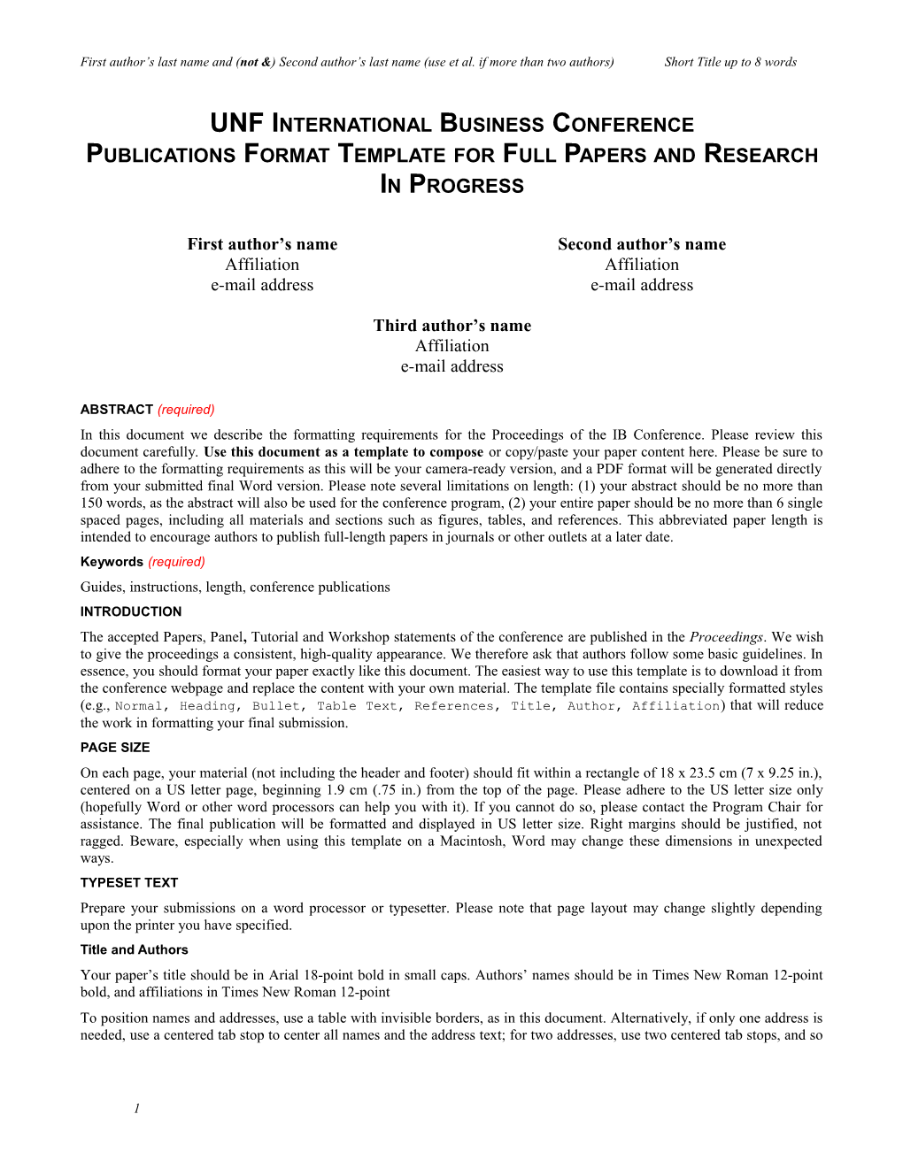 UNF International Business Conference Publications Format Template for Full Papers And