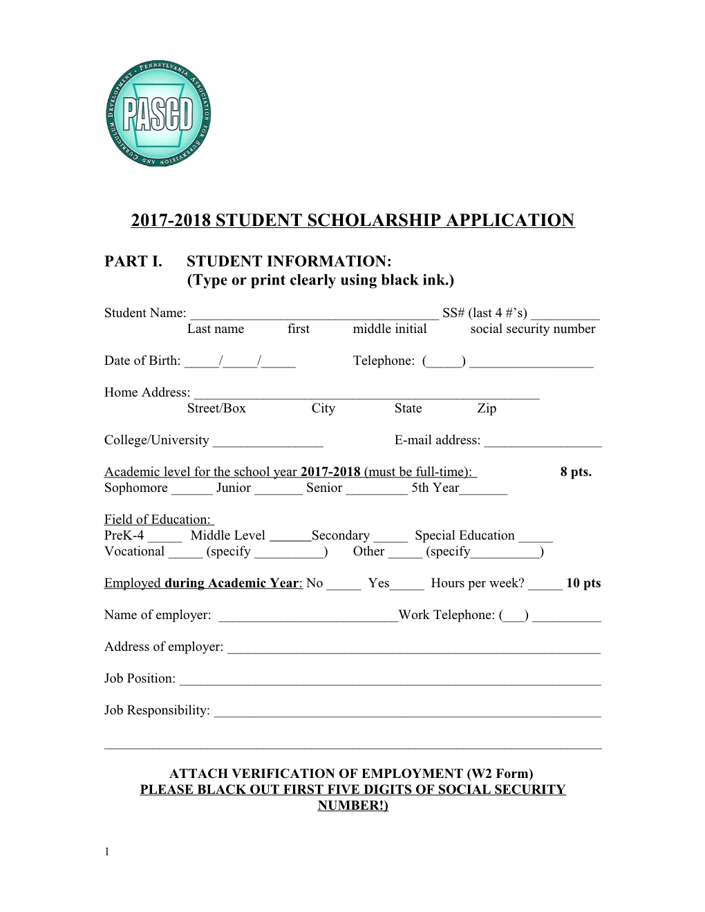 2017-2018 Student Scholarship Application