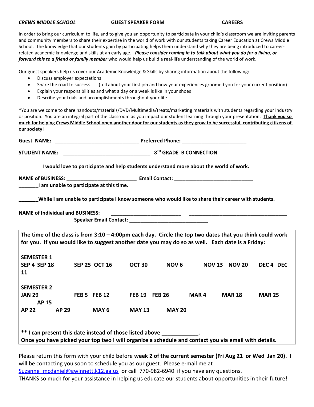 Crews Middle School Guest Speaker Form Careers