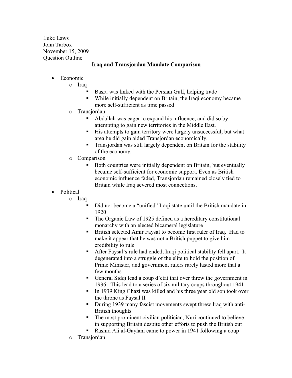 Iraq and Transjordan Mandate Comparison