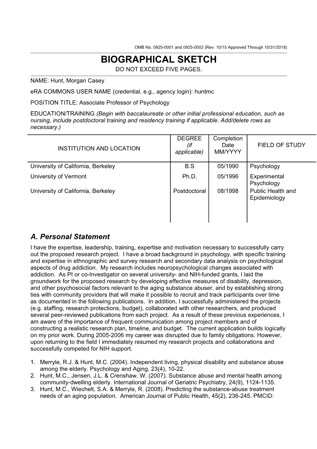OMB No. 0925-0001/0002 (Rev. 08/12), Biographical Sketch Format Page s1