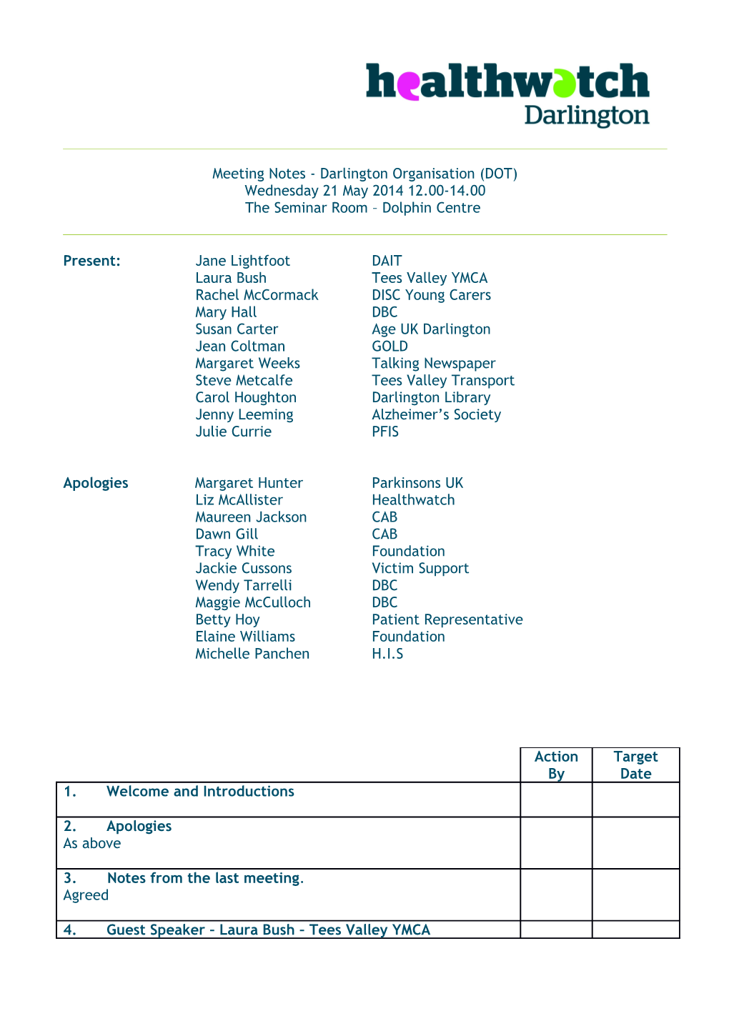 Meeting Notes - Darlington Organisation (DOT)