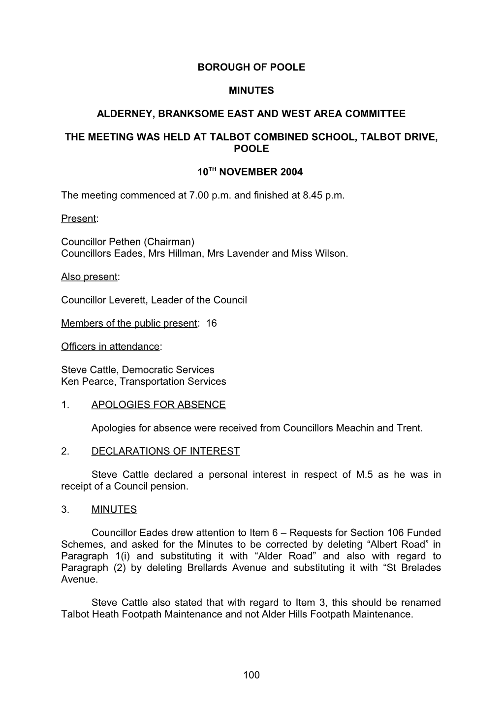 Minutes - Alderney, Branksome East and West Area Committee - 10Th November 2004