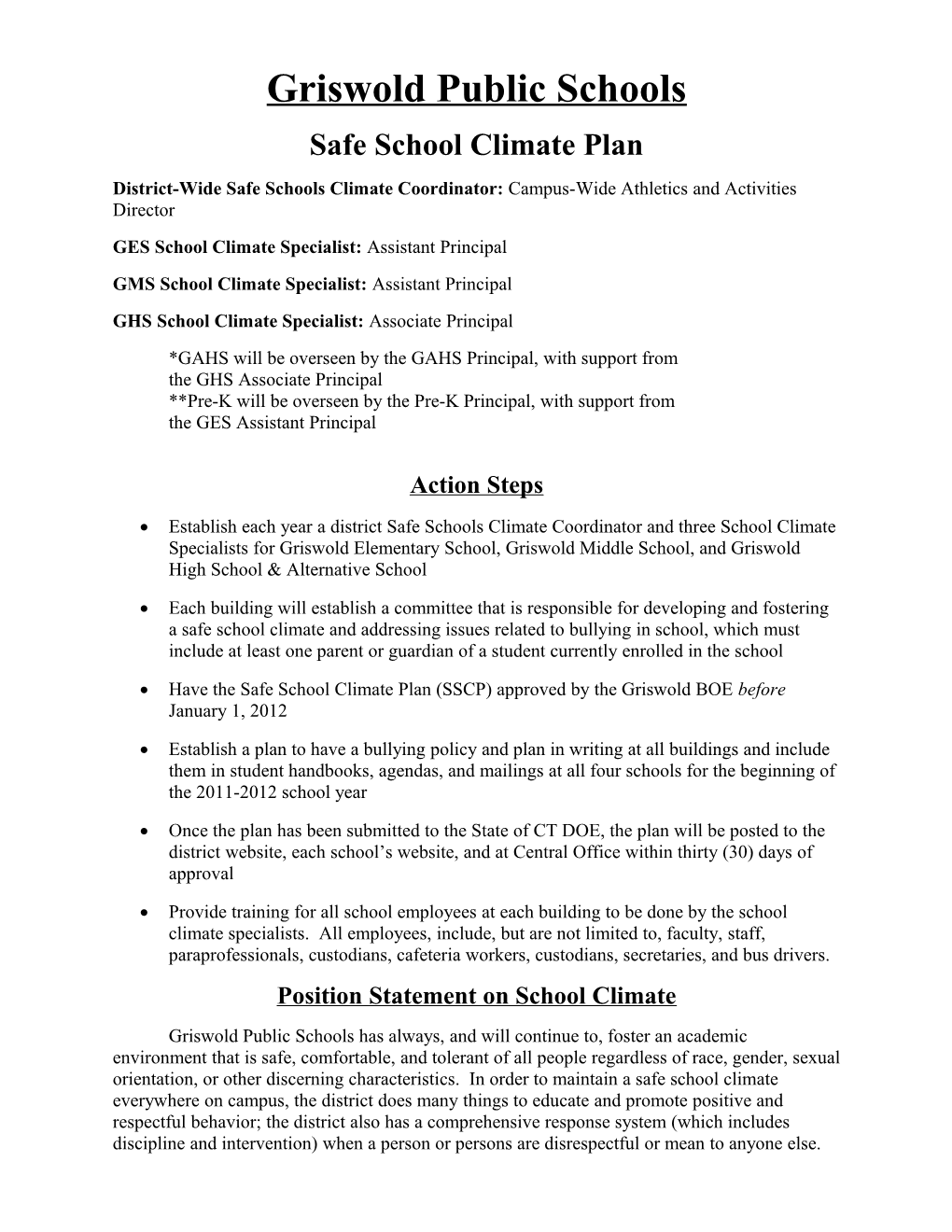 Safe School Climate Plan