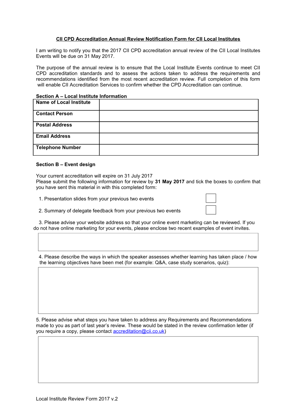 CII CPD Accreditation Annual Review Notification Form for CII Local Institutes