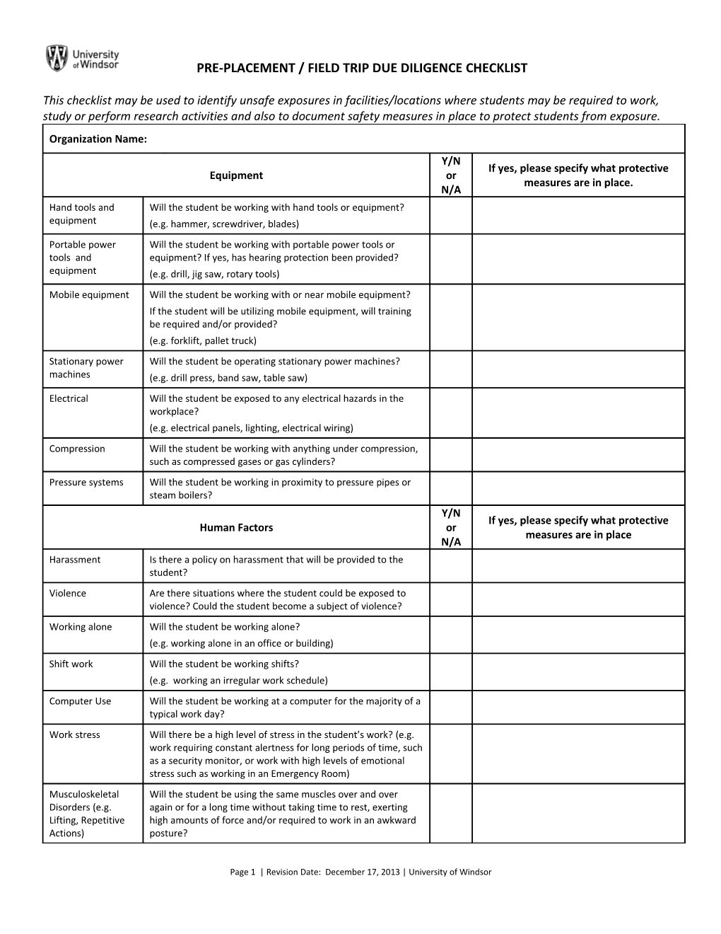 Pre-Placement/Field Trip Due Diligence Checklist