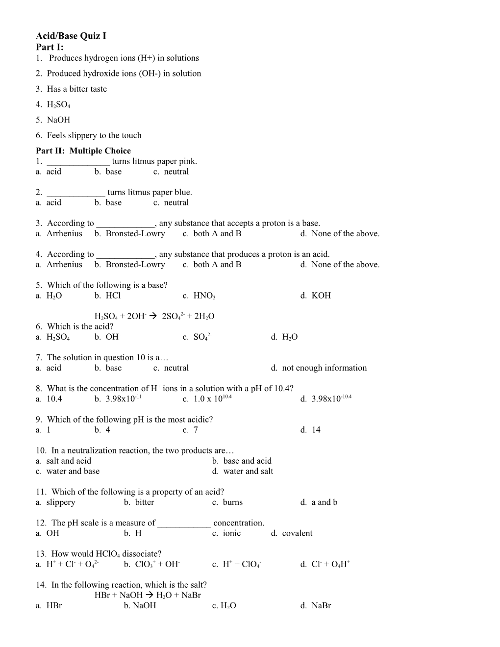 Acid/Base Quiz I