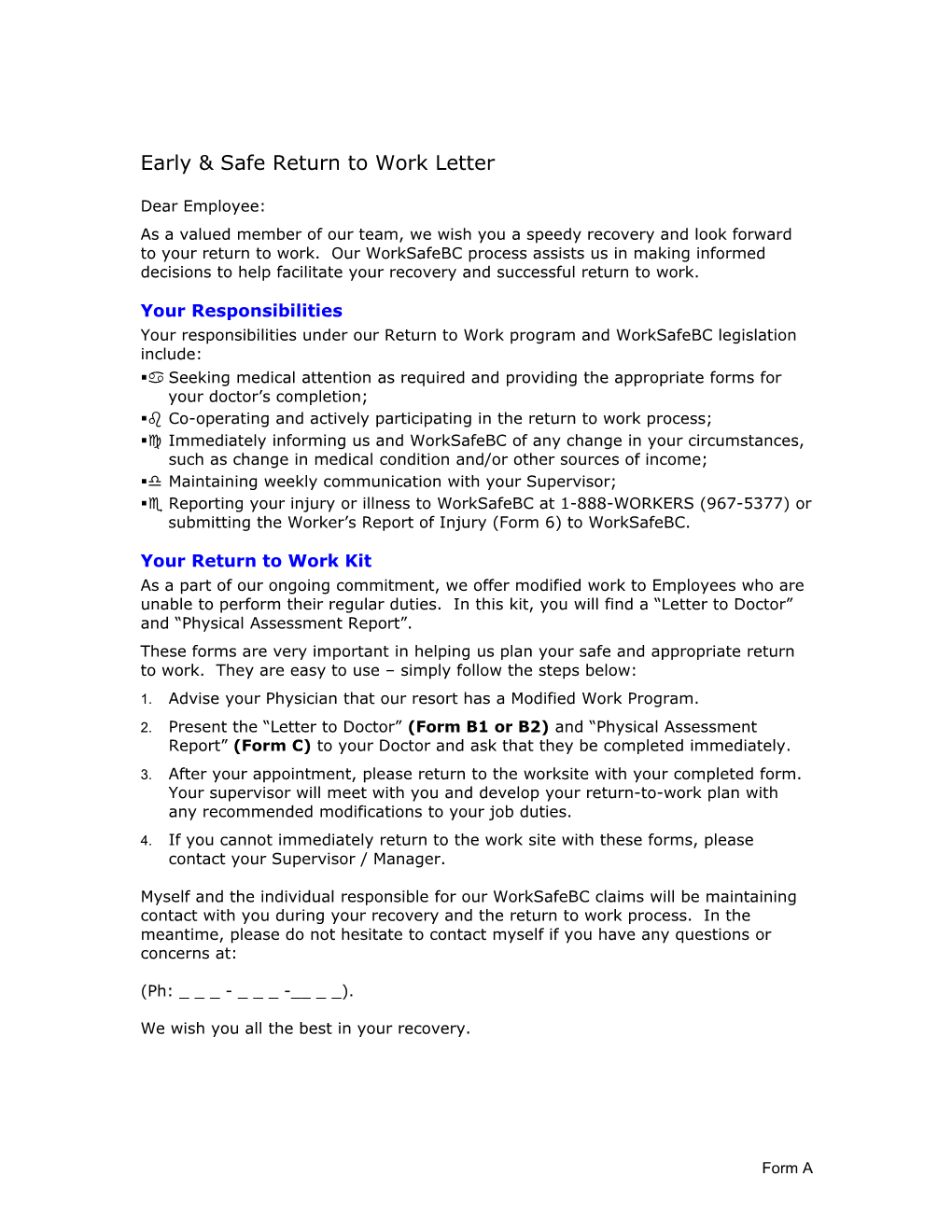 Early & Safe Return to Work Letter