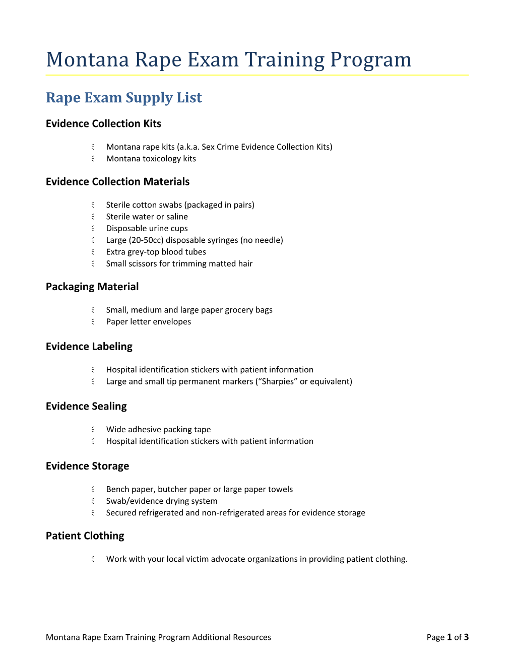 Rape Exam Supply List