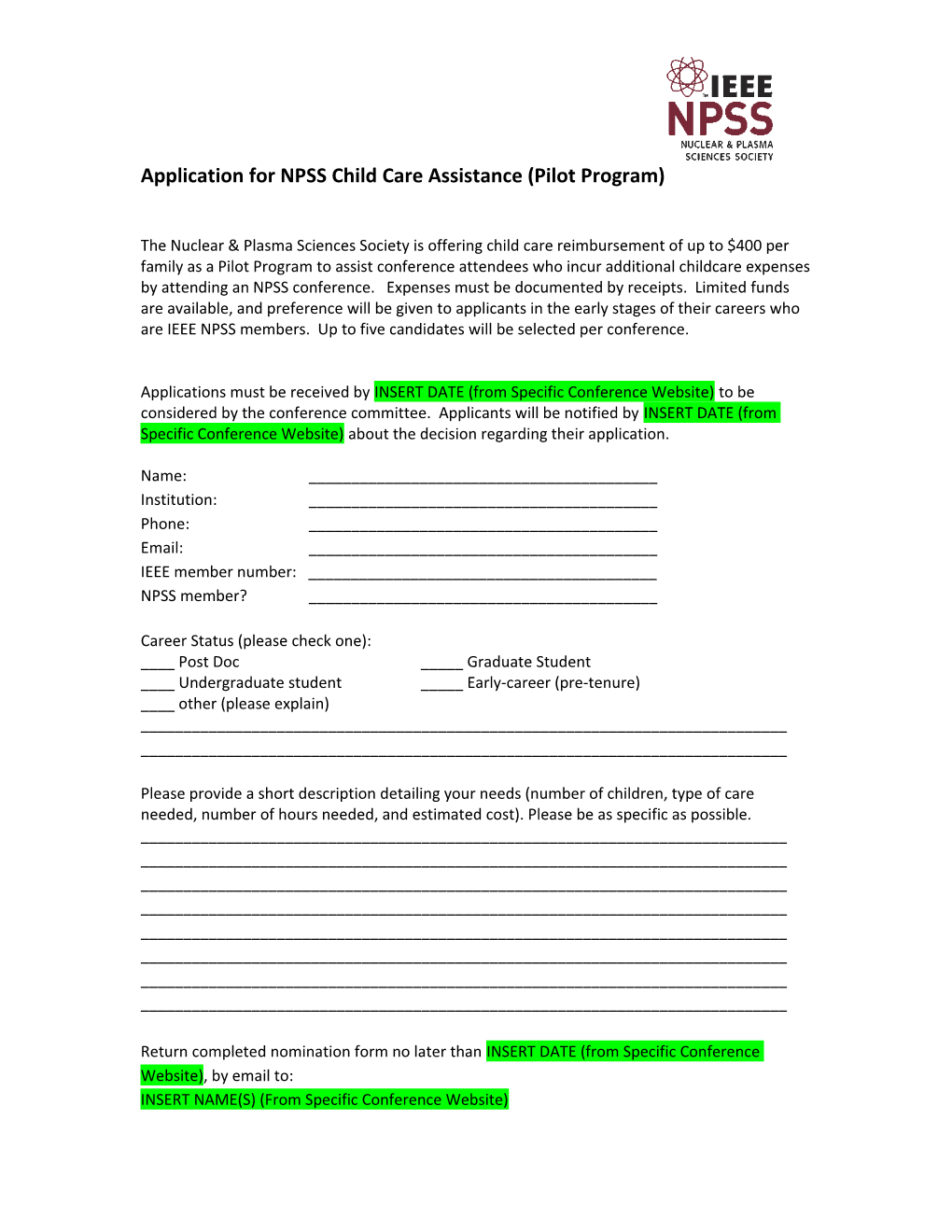 Application for NPSS Child Care Assistance (Pilot Program)