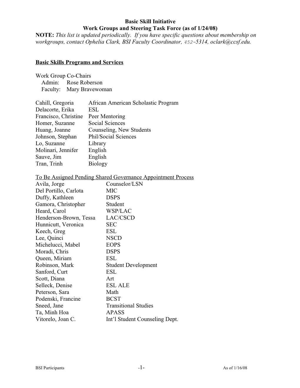 Work Groups and Steering Task Force (As of 1/24/08)