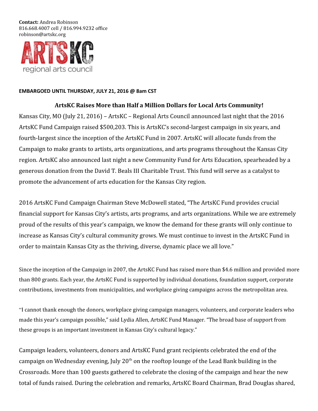 Artskc Raises More Than Half a Million Dollars for Local Arts Community!