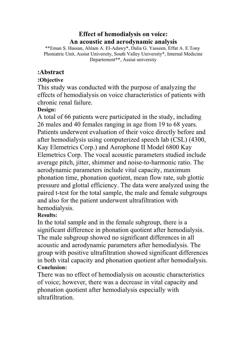 Effect of Hemodialysis on Voice Characters